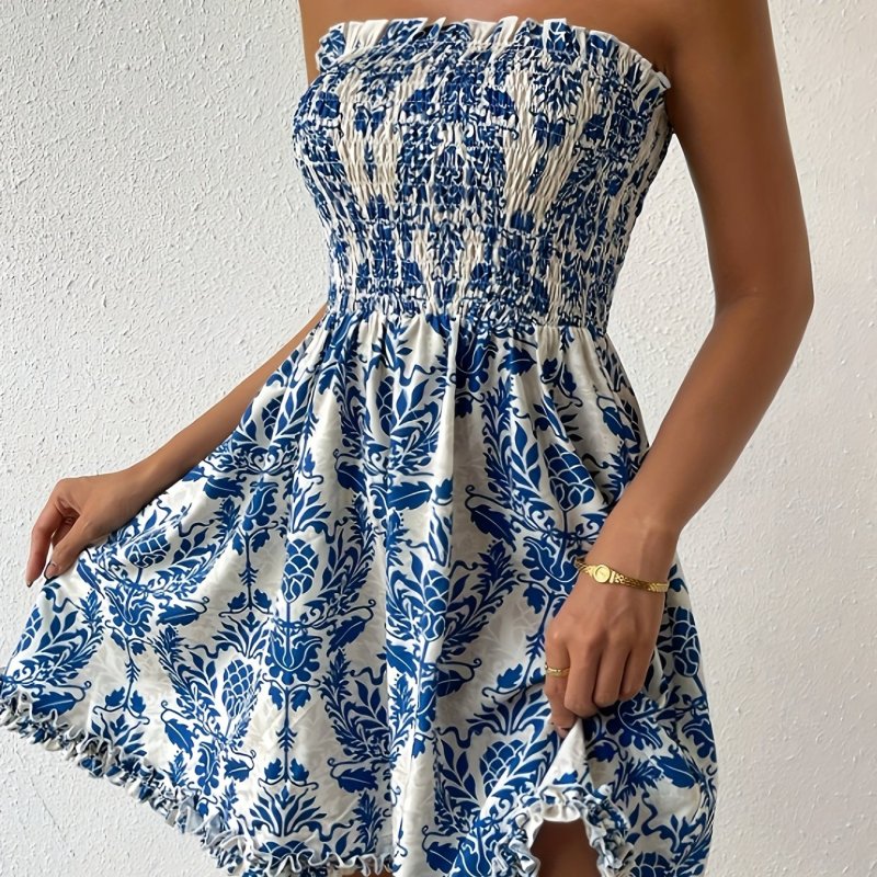 Vibrant Allover Print Shirred Tube Dress - Sun-Soaked Vacation Style - Flattering Sleeveless Design for Spring & Summer - Womens Resort Wear Must-Have