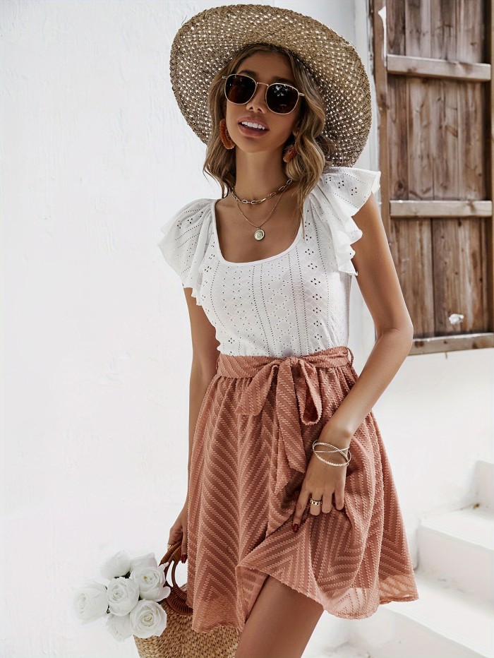 Eyelet Embroidered Lace Up Colorblock Dress, Elegant Ruffle Sleeve Splicing Dress For Spring & Summer, Women's Clothing