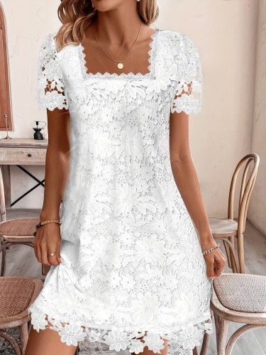 Guipure Lace Square Neck Dress, Vacation Style Short Sleeve Dress For Spring & Summer, Women's Clothing
