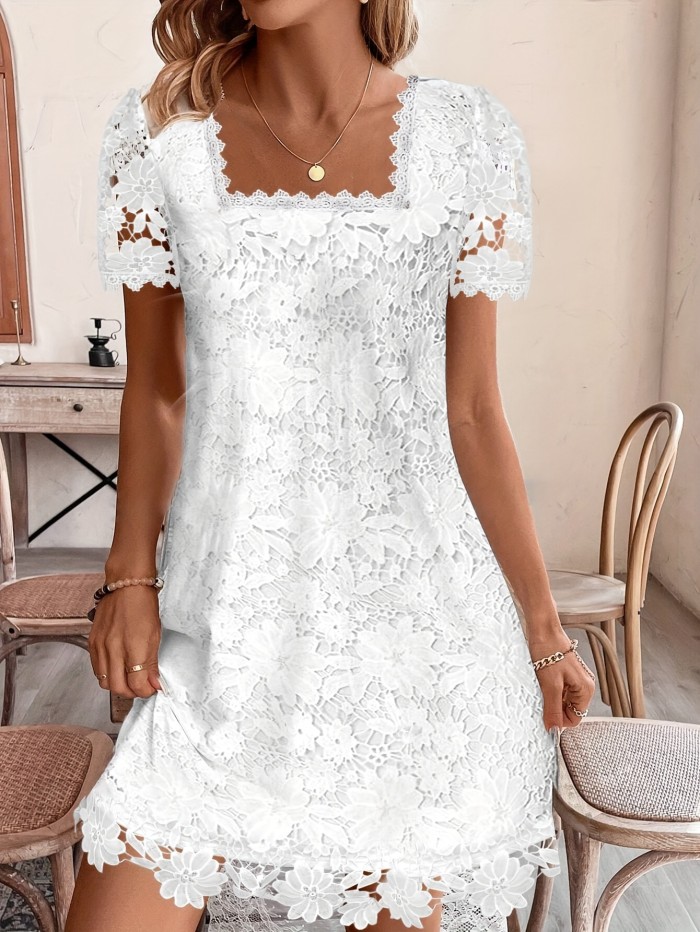 Guipure Lace Square Neck Dress, Vacation Style Short Sleeve Dress For Spring & Summer, Women's Clothing