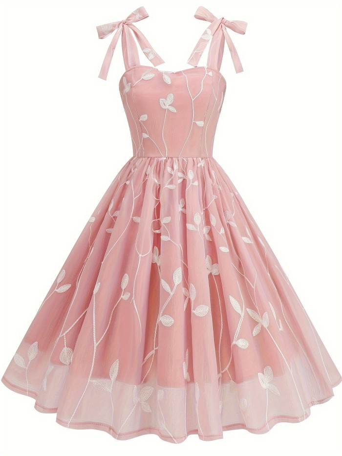 New Women'S Embroidered Mesh Tie-Up Dress