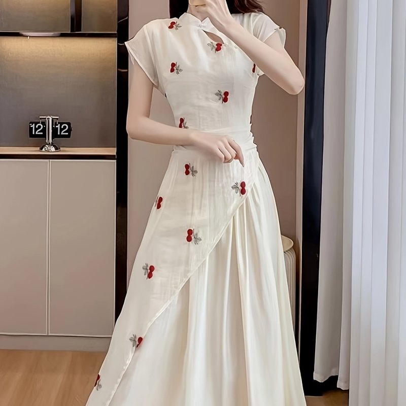Elegant Cherry Blossom Print Cheongsam Dress - Traditional Chinese Style, Polyester, Machine Washable - Perfect for Spring\u002FSummer\u002FFall, Chinese Style, National Trend