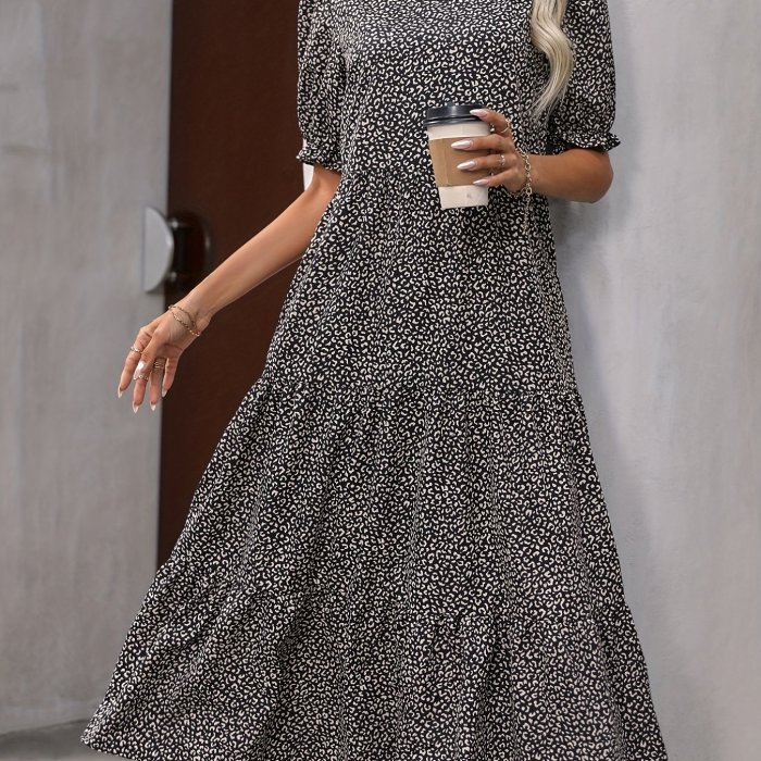 Leopard Print Puff Sleeve Dress, Boho Crew Neck Tiered Dress, Women's Clothing