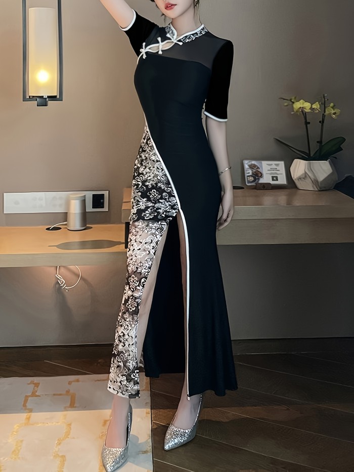 Elegant Short Sleeve Mandarin Collar Qipao Dress - Floral Print Splice Split Thigh Cheongsam - Frog Button Women's Clothing