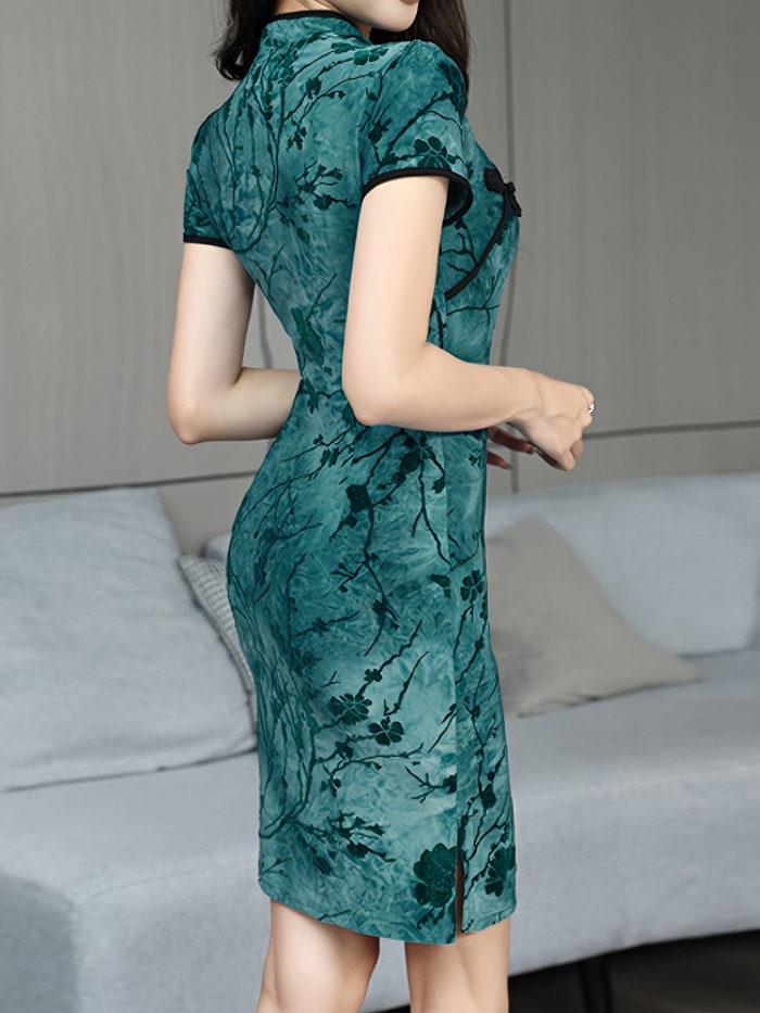 Floral Print Chinese Cheongsam, Vintage Bodycon Frog Button Split Hem Short Sleeve Dress, Women's Clothing