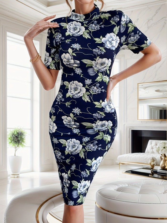 Ross Print Chinese Vintage Cheongsam, Bodycon Short Sleeve Mock Neck Dress, Women's Clothing