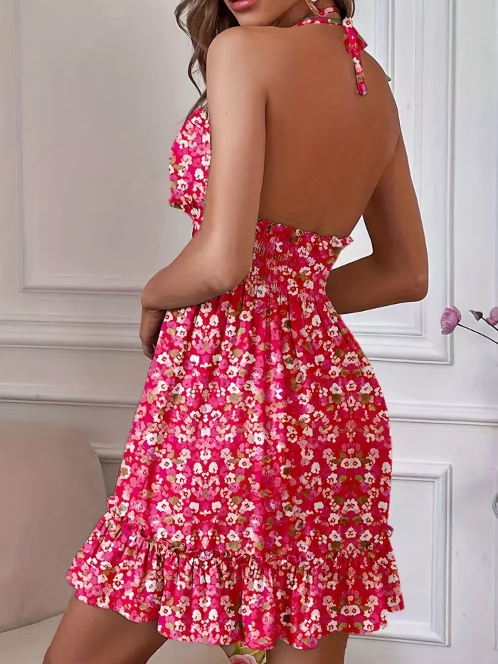 Floral Ruffled Lace Backless Spaghetti Strap Mini Dress