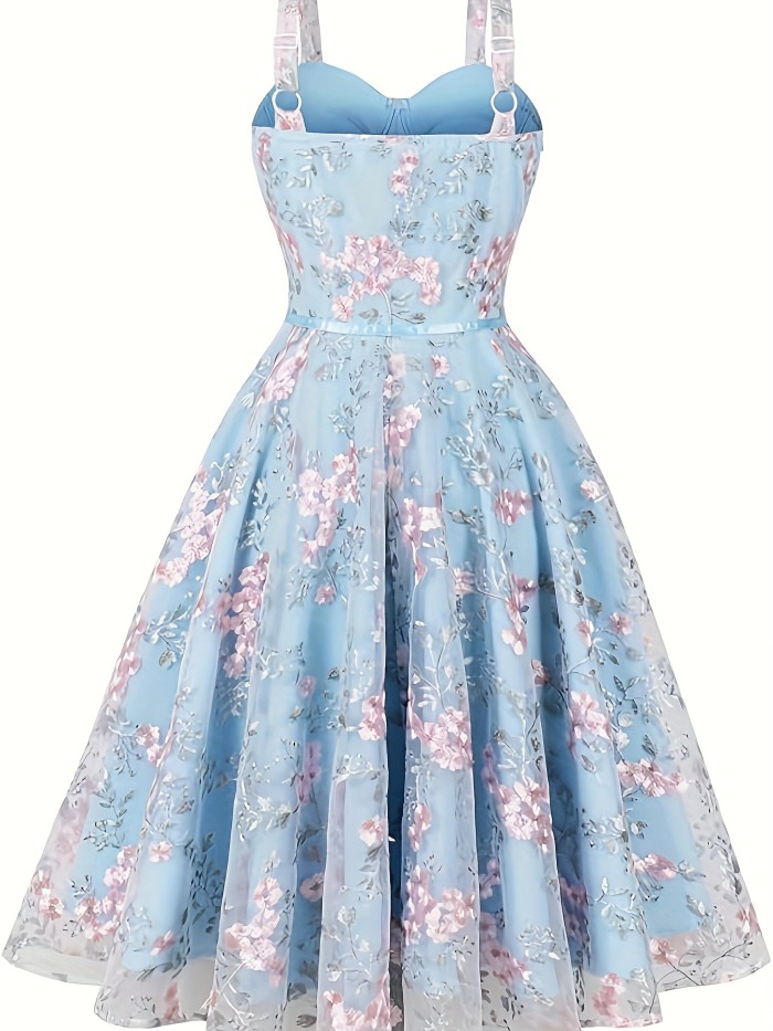 Women's Spaghetti Strap Floral Embroidery Tulle Swing Cocktail Dress 1950s Vintage Tea Party Wedding Guest Prom Dress