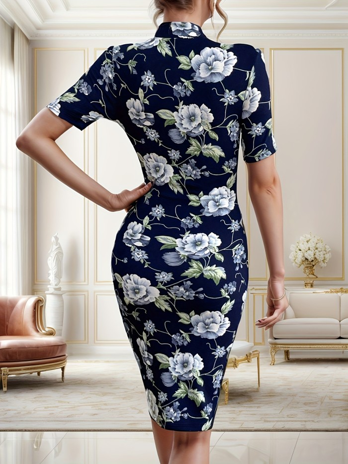 Ross Print Chinese Vintage Cheongsam, Bodycon Short Sleeve Mock Neck Dress, Women's Clothing