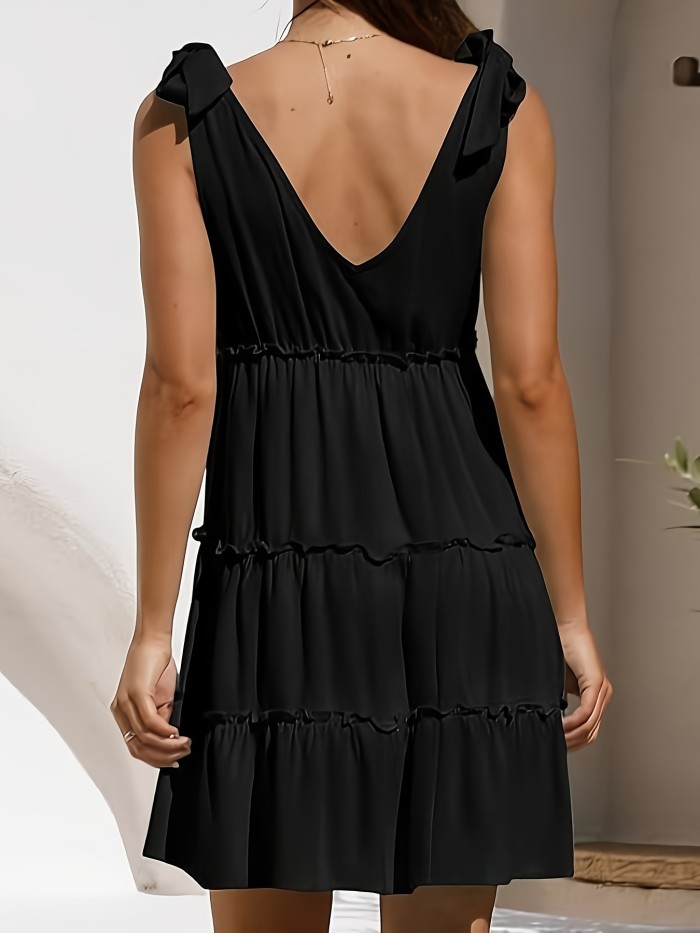 Women's Fashion Summer Hot Sale Sleeveless Front and Back V-Neck Solid Color Bow Lace Edge Backless Dress