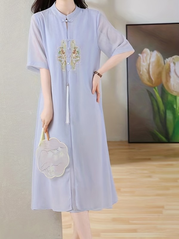 Embroidered Frog Button Mesh Dress, Vintage Mandarin Collar Short Sleeve Dress, Women's Clothing