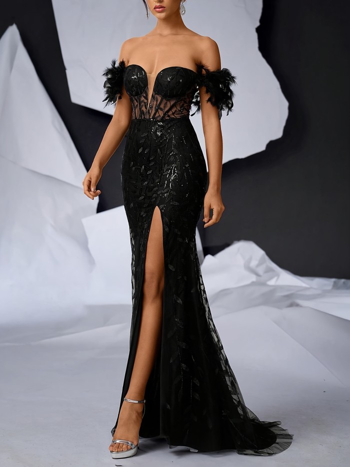 1pc Elegant Off-Shoulder One-Strap Women'S Gown with Feather Detail, High Slit Long Evening Party Dress, Knitted Polyester Fabric, Fitted Bridal Wedding Dress for Adults