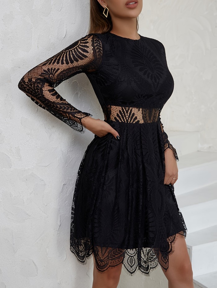Guipure Lace Overlay Cut Out Waist Dress, Elegant Long Sleeve Crew Neck Dress, Women's Clothing, Valentine's Day