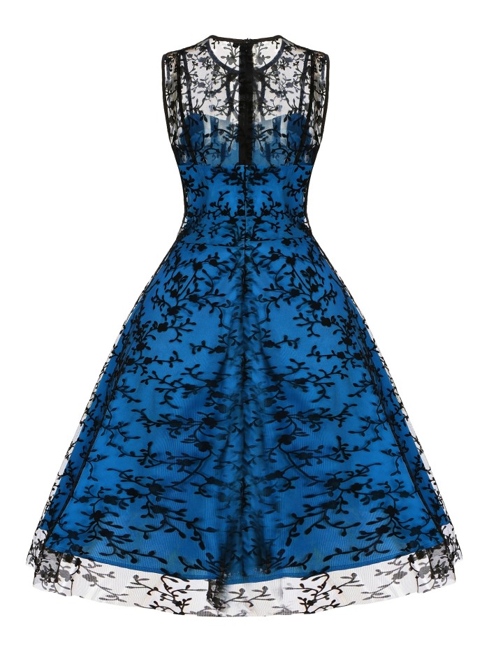 Floral Embroidery Dress Sleeveless Keyhole Mesh Dress Vintage Floral Embroidered Party Tulle Prom Dresses For Women
