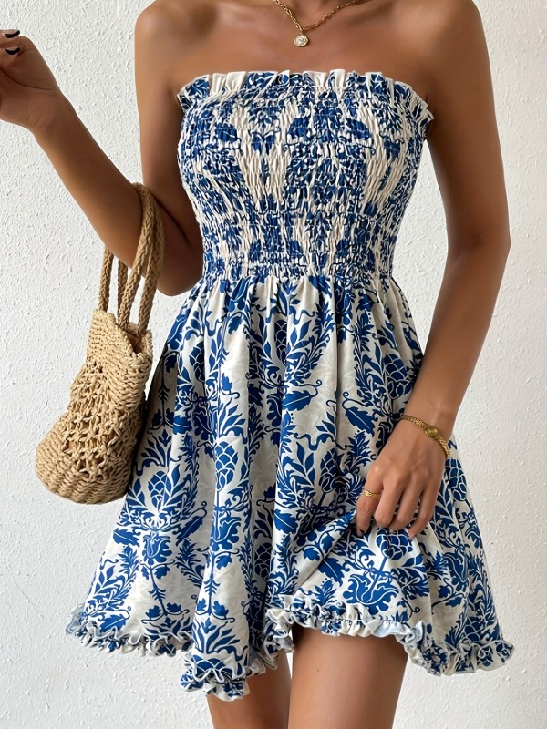 Vibrant Allover Print Shirred Tube Dress - Sun-Soaked Vacation Style - Flattering Sleeveless Design for Spring & Summer - Womens Resort Wear Must-Have