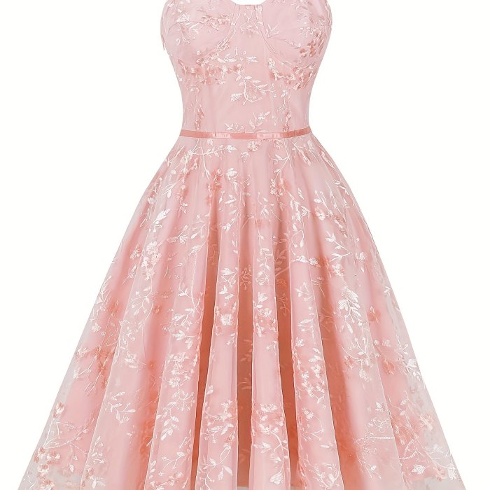 Women's Spaghetti Strap Floral Embroidery Tulle Swing Cocktail Dress 1950s Vintage Tea Party Wedding Guest Prom Dress
