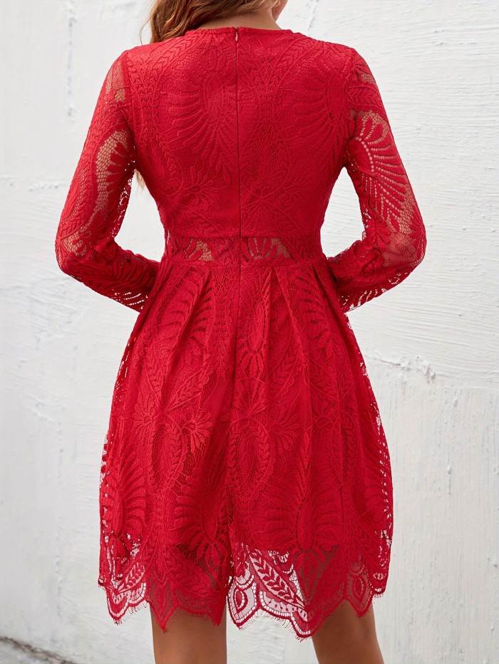 Guipure Lace Overlay Cut Out Waist Dress, Elegant Long Sleeve Crew Neck Dress, Women's Clothing, Valentine's Day