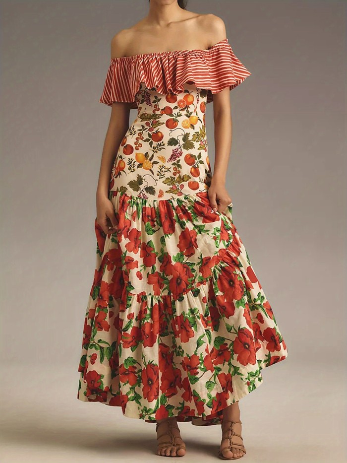 Chic Off-Shoulder Maxi Dress for Women - Sleeveless with Ruffle Trim, Striped & Floral Print, Perfect for Cocktail Parties & Summer Events