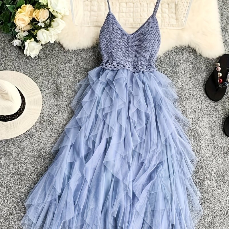 Fairy Mid-Length Dress with Round Neck, Lace-Up Mesh Embroidery, Sweet And Fresh Strapless Dress