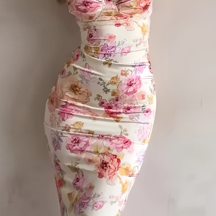 Chic Floral Print Off-Shoulder Dress for Women - Sexy Bodycon with Lace Detail, Stretchy Polyester Blend, Machine Washable - Perfect for Spring\u002FSummer\u002FFall