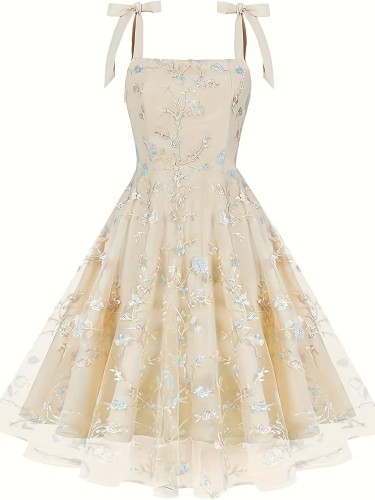 Women's Tie Strap Tulle Prom Dresses Floral Lace Bridesmaid Cocktail Formal Party Dress Flower Embroidery Dress