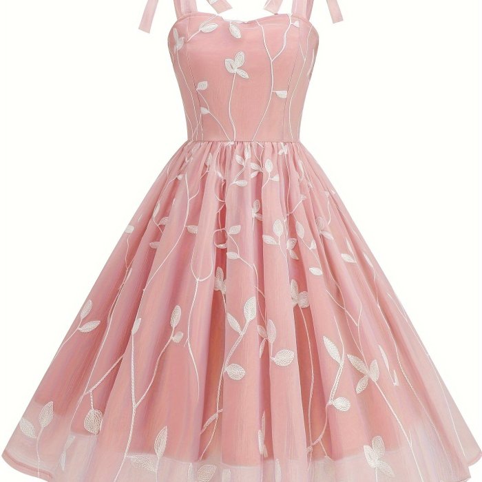 New Women'S Embroidered Mesh Tie-Up Dress