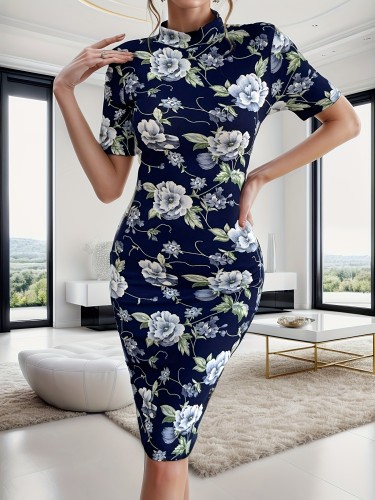 Ross Print Chinese Vintage Cheongsam, Bodycon Short Sleeve Mock Neck Dress, Women's Clothing