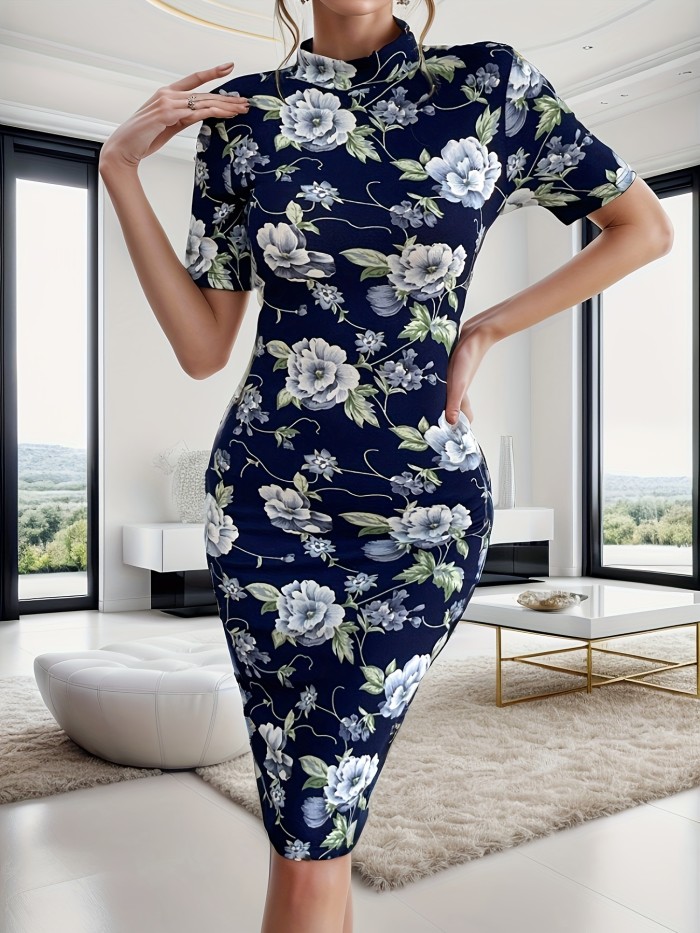 Ross Print Chinese Vintage Cheongsam, Bodycon Short Sleeve Mock Neck Dress, Women's Clothing