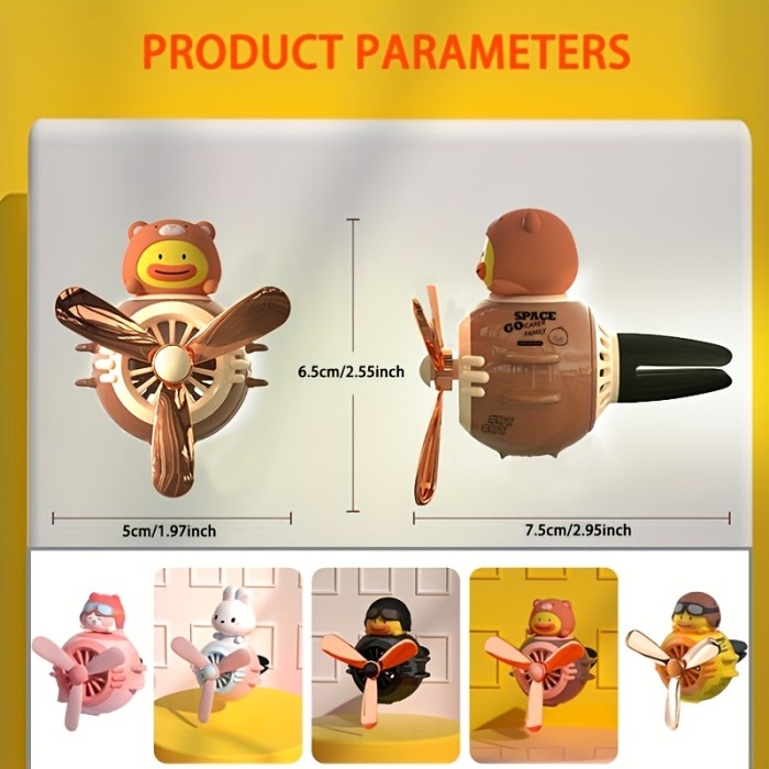 Adorable Rotating Pilot Duck Car Air Freshener - Vent Mounted Car Diffuser with Cartoon Propeller Fan - Creative Car Perfume Decoration for Air Vents with Fresh Fragrance and Adjustable Arm