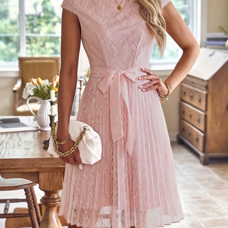 Floral Print Crew Neck Belted Dress, Elegant Cap Sleeve Pleated Dress For Spring & Summer, Women's Clothing