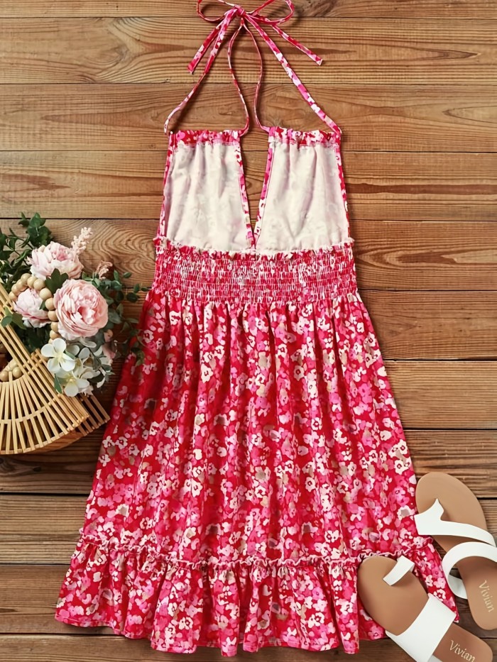 Floral Ruffled Lace Backless Spaghetti Strap Mini Dress