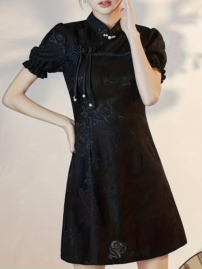Stunning Chinese Cheongsam Qipao Dress - Elegant Women's Dresses with Mandarin Collar, Puff Sleeves, and Exquisite Traditional Design - Perfect for Formal Occasions and Cultural Events