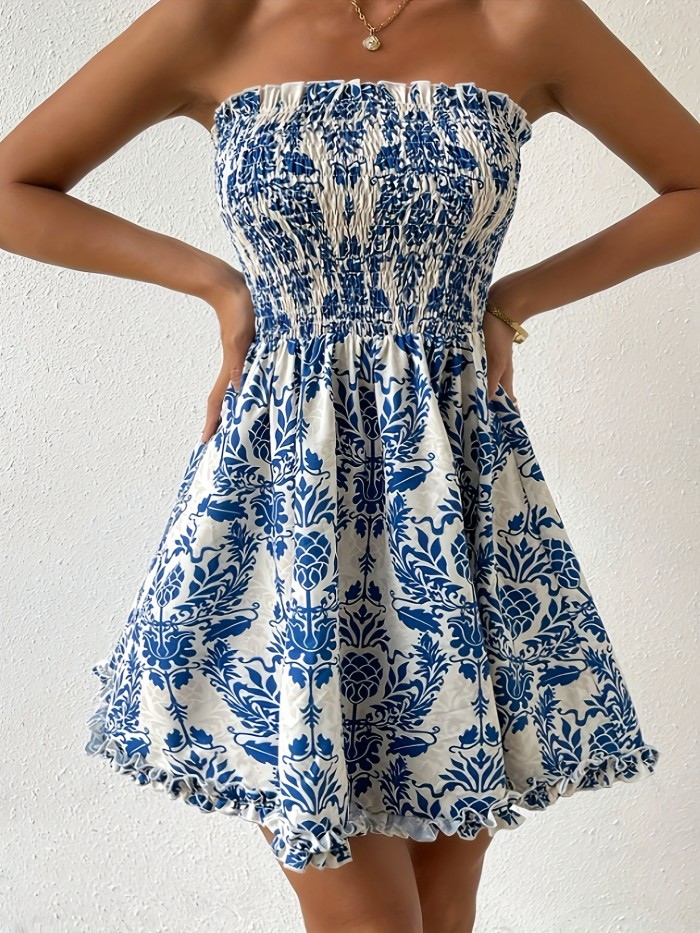 Vibrant Allover Print Shirred Tube Dress - Sun-Soaked Vacation Style - Flattering Sleeveless Design for Spring & Summer - Womens Resort Wear Must-Have