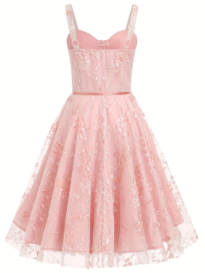 Women's Spaghetti Strap Floral Embroidery Tulle Swing Cocktail Dress 1950s Vintage Tea Party Wedding Guest Prom Dress