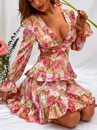 Chic Floral Print Deep V-Neck Chiffon Dress with Tie Back & Ruffle Sleeves - Perfect for Vacation, Valentine's Day & Wedding Season