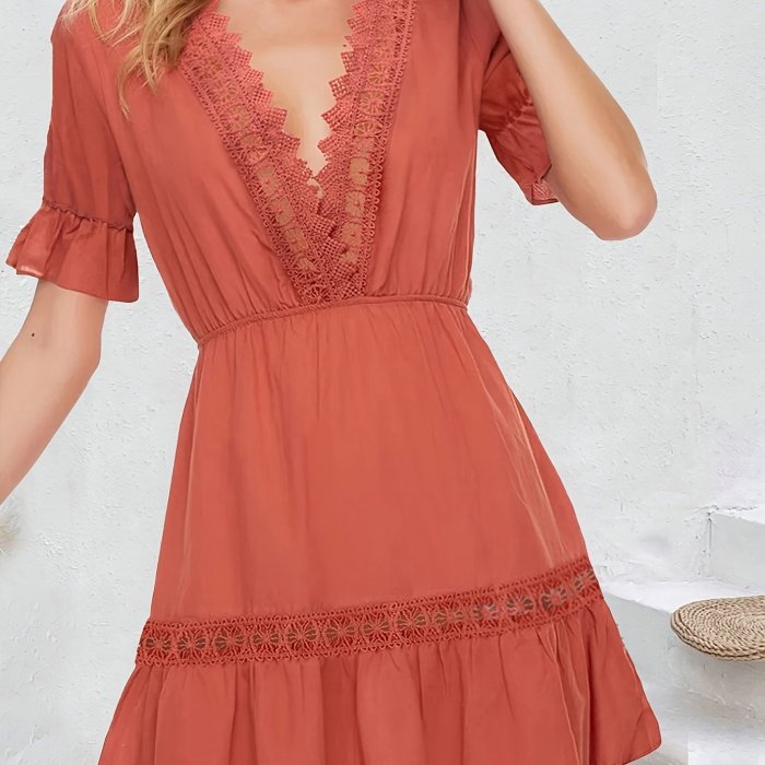 Elegant Coral V-Neck Dress with Lace Trim & Ruffle Hem - Casual Short Sleeve, 100% Polyester, Non-Sheer Summer Style for Women, Short Sleeve, Dress