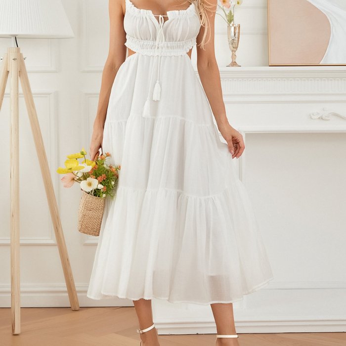 Chic Summer Sleeveless Maxi Dress for Women - Solid Color, Tie-Up Backless Design with Ruffle Hem, Perfect for Parties & Vacations