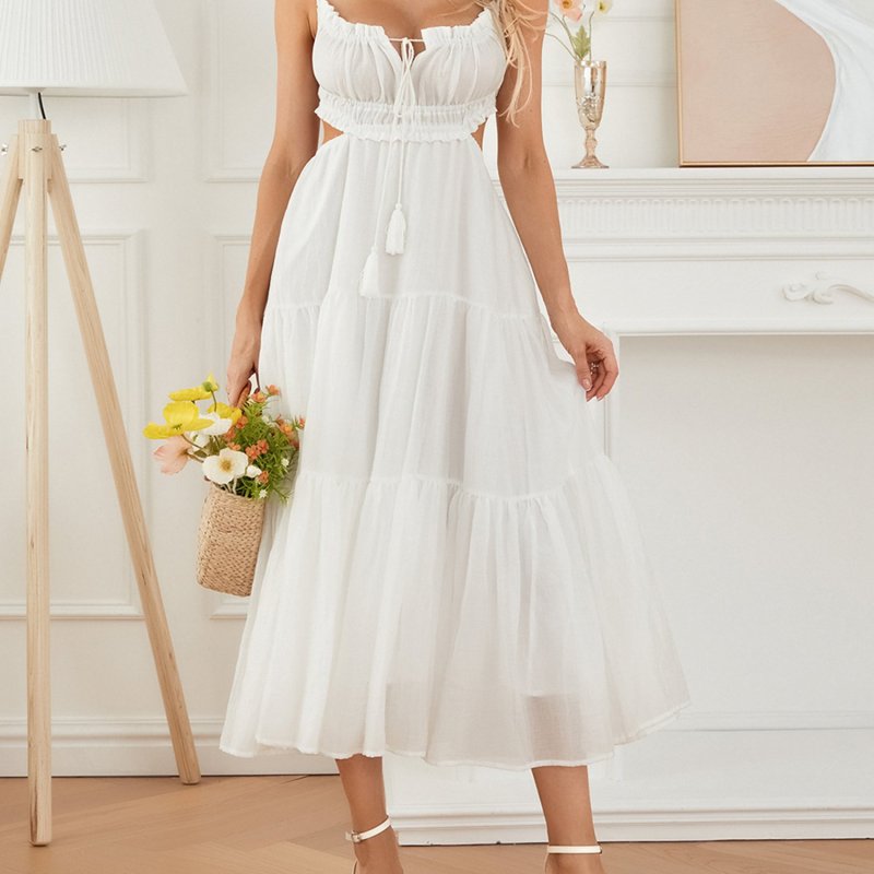 Chic Summer Sleeveless Maxi Dress for Women - Solid Color, Tie-Up Backless Design with Ruffle Hem, Perfect for Parties & Vacations