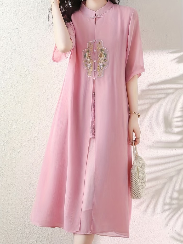 Embroidered Frog Button Mesh Dress, Vintage Mandarin Collar Short Sleeve Dress, Women's Clothing