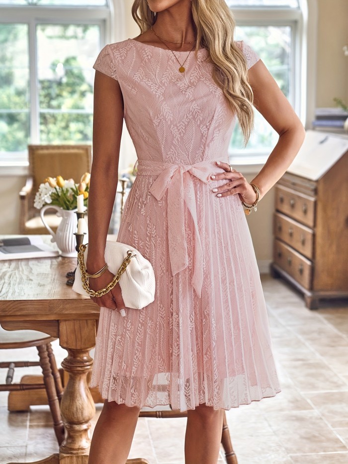 Floral Print Crew Neck Belted Dress, Elegant Cap Sleeve Pleated Dress For Spring & Summer, Women's Clothing