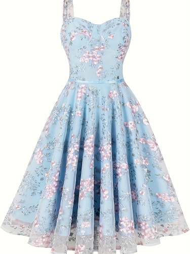Women's Spaghetti Strap Floral Embroidery Tulle Swing Cocktail Dress 1950s Vintage Tea Party Wedding Guest Prom Dress