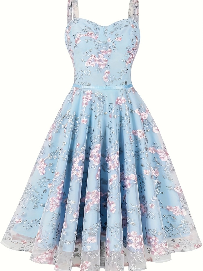 Women's Spaghetti Strap Floral Embroidery Tulle Swing Cocktail Dress 1950s Vintage Tea Party Wedding Guest Prom Dress