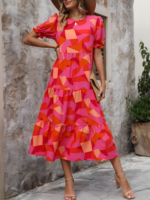 Leopard Print Puff Sleeve Dress, Boho Crew Neck Tiered Dress, Women's Clothing