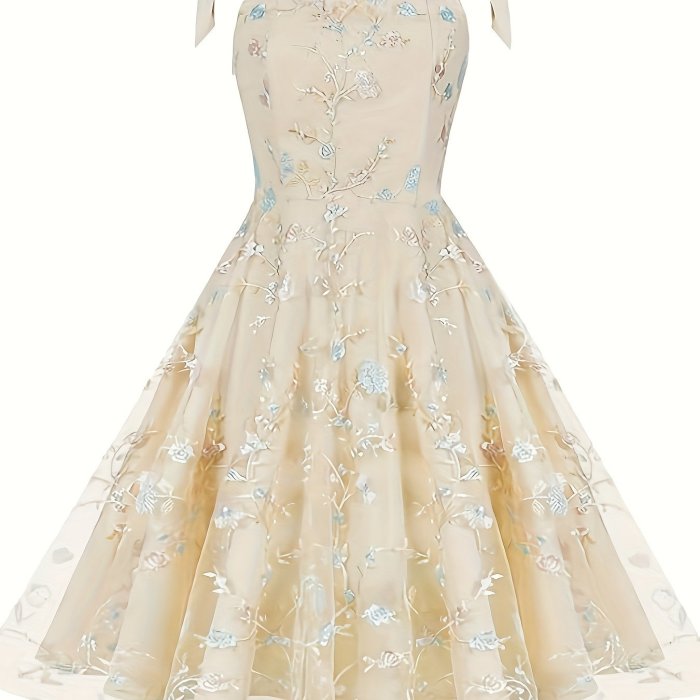 Women's Tie Strap Tulle Prom Dresses Floral Lace Bridesmaid Cocktail Formal Party Dress Flower Embroidery Dress