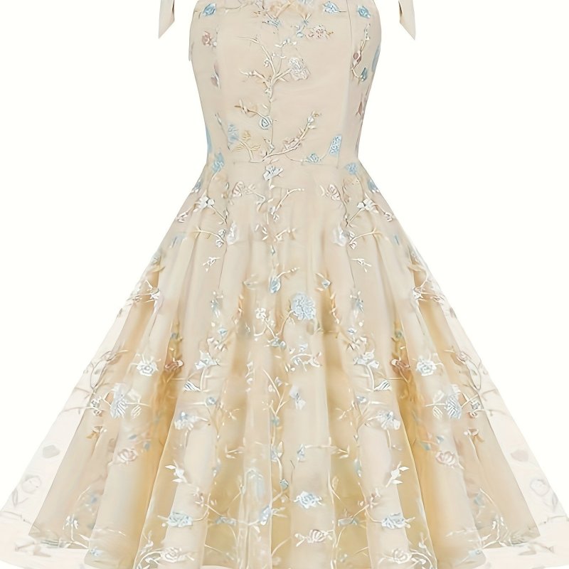 Women's Tie Strap Tulle Prom Dresses Floral Lace Bridesmaid Cocktail Formal Party Dress Flower Embroidery Dress