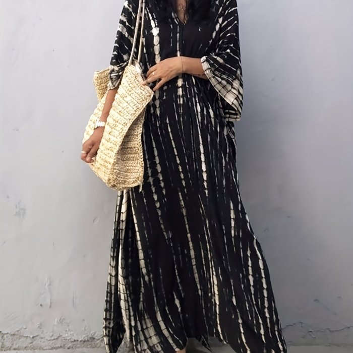 Plus Size Women's Striped Batwing Sleeve V Neck Maxi Kaftan Cover Up Dress - Soft, Comfortable, Stylish for Boho Chic