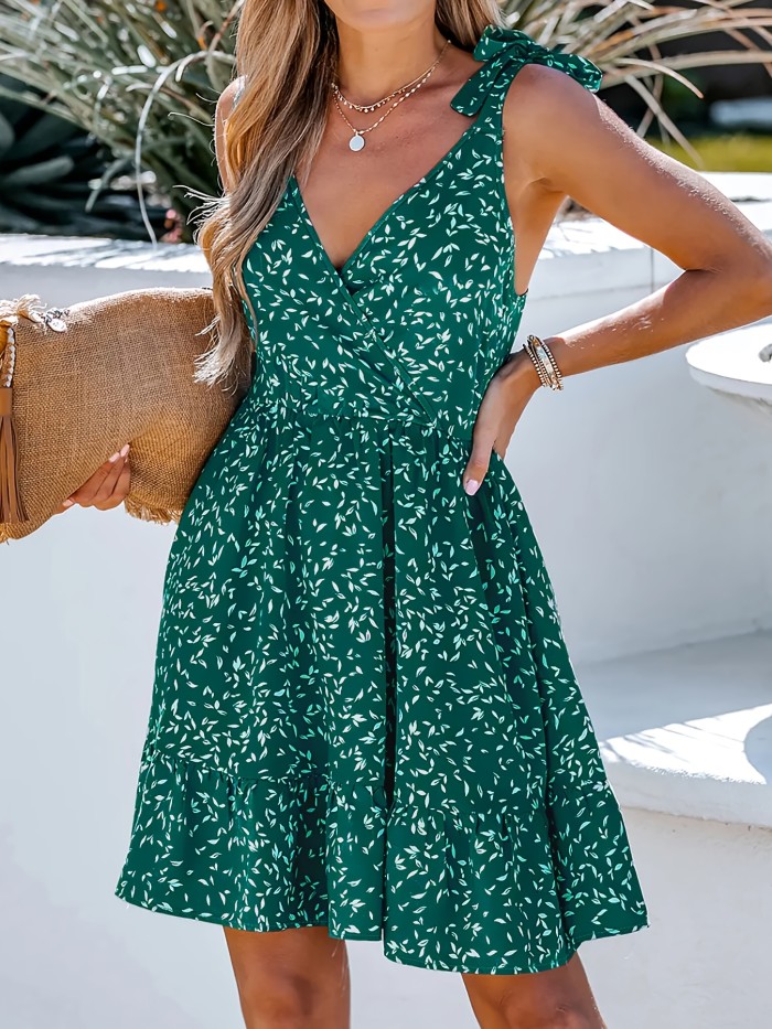 Chic Sleeveless Floral Print Dress for Women - V-Neck, Lightweight Polyester, Perfect for Vacation - Machine Washable, Non-Sheer with A-Line Skirt Style