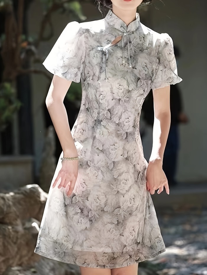 Chic Floral Cheongsam Dress - Vacation Style, Short Sleeve, Mandarin Collar, Non-Stretch Polyester - Machine Washable