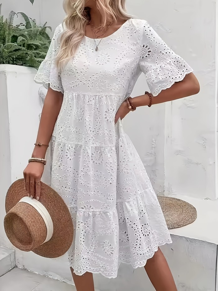 Elegant White Eyelet Embroidered Dress - Chic Blend with Ruffle Hem, Short Sleeves - Perfect for Spring\u002FSummer Vacations - Women's Round Neck Semi-Sheer Dress