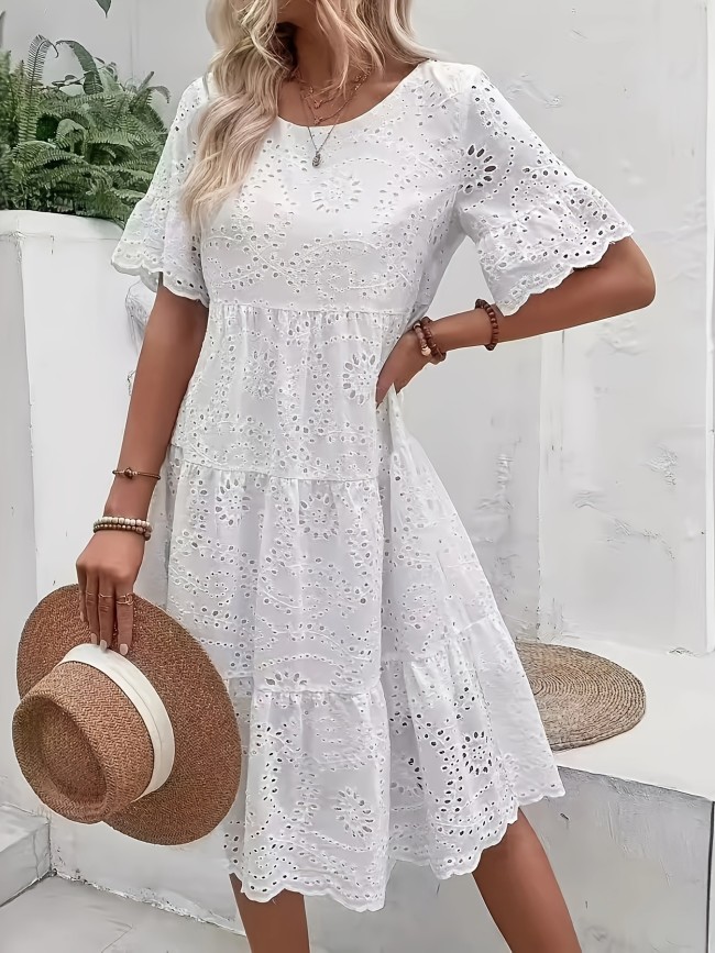 Elegant White Eyelet Embroidered Dress - Chic Blend with Ruffle Hem, Short Sleeves - Perfect for Spring\u002FSummer Vacations - Women's Round Neck Semi-Sheer Dress